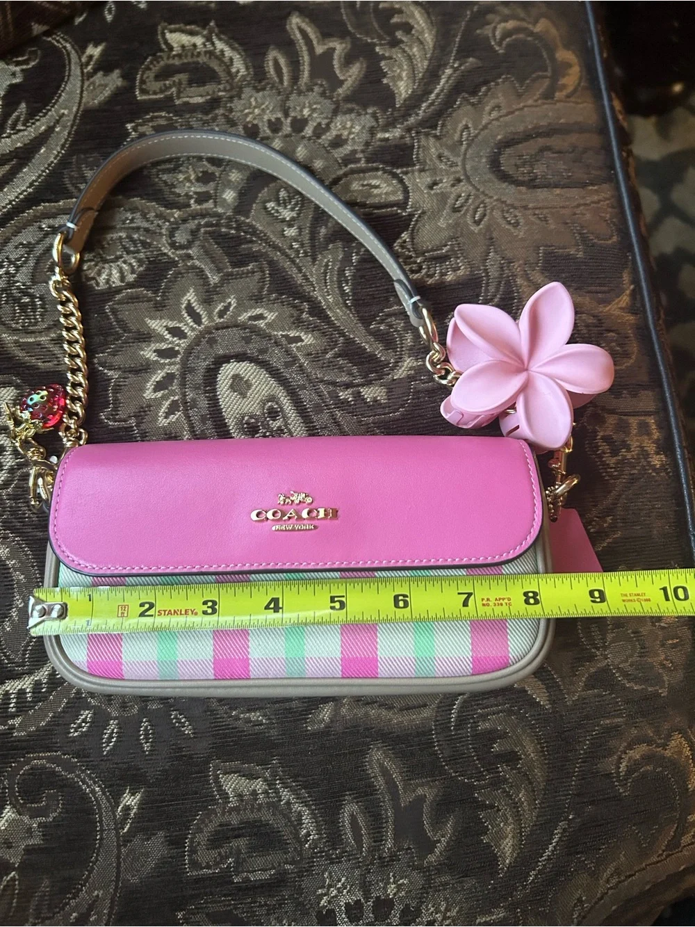 Coach Pink Floral Charm Shoulder Bag with Pastel Stripe